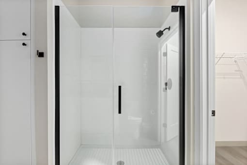 A modern bathroom with a glass shower door.