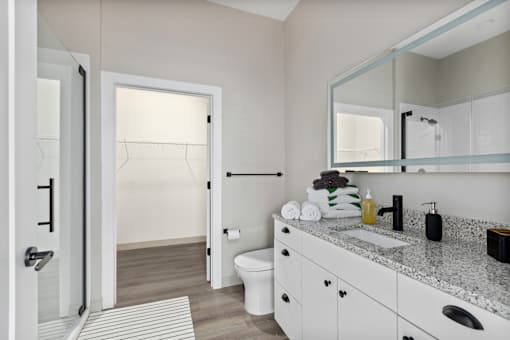 A bathroom with a toilet, sink, and mirror.