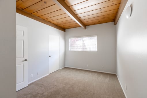 an empty room with carpet and a window