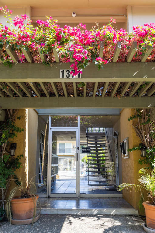 the front door of a building with potted flowers on top of it