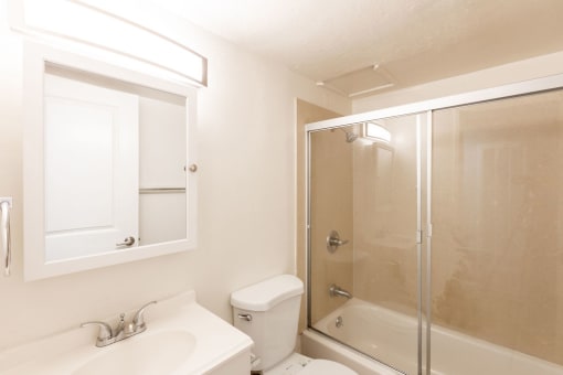 a bathroom with a shower and a sink and a toilet