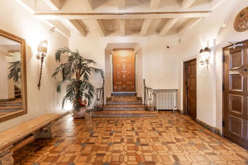 a hallway with a staircase and a potted plant    and a door