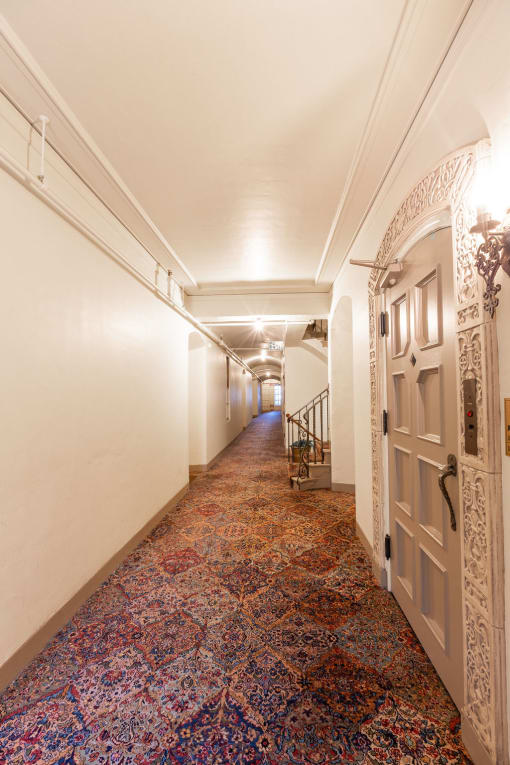 a corridor with a white door and a carpet in the middle