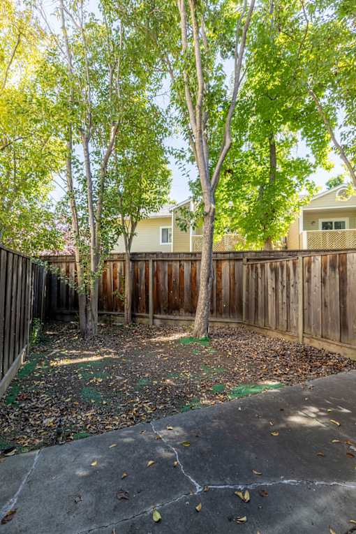 the back yard of a house with trees and a fence