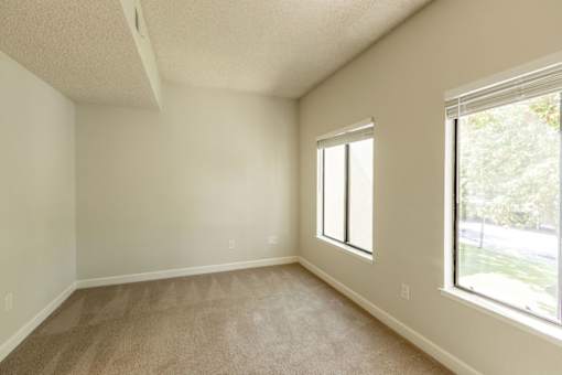 an empty living room with two large windows