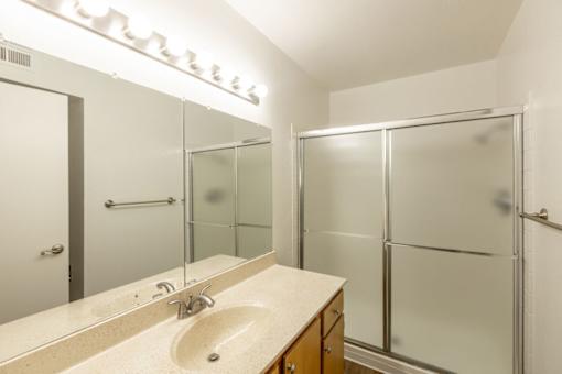 a bathroom with a sink and a shower