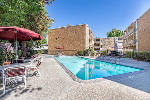A pool surrounded by chairs and umbrellas.
