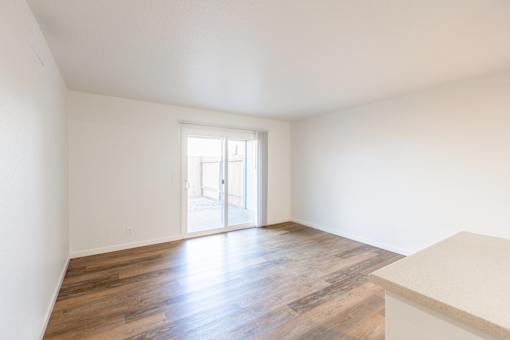 A room with a wooden floor and a sliding glass door.