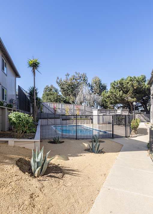 A backyard with a pool and a fence.