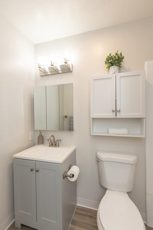 A white toilet sits next to a sink in a bathroom.