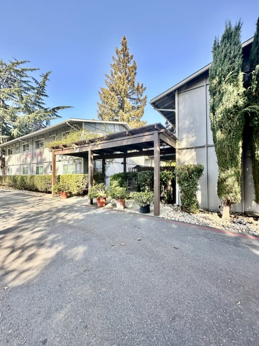 a view of the front of a house with trees and a driveway