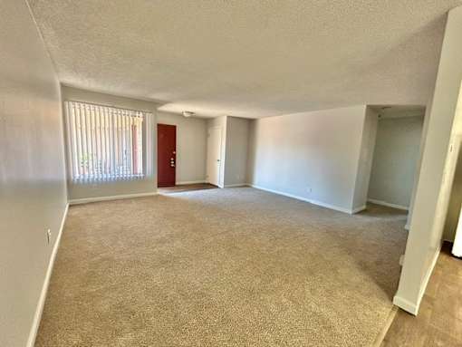 A room with a carpeted floor and a red door.