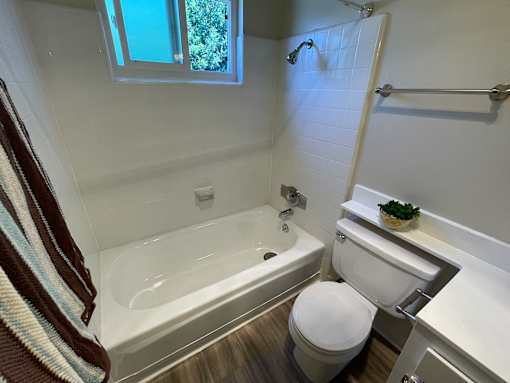 A white toilet sits next to a bathtub in a bathroom.