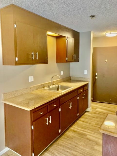 an empty kitchen with a sink and cabinets