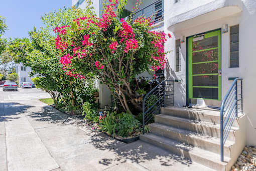 a house with a green door and pink flowers in front of it