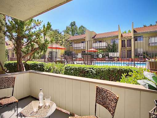 A patio with a table and chairs overlooks a pool and a building.