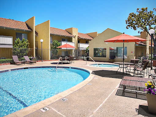 A pool surrounded by chairs and umbrellas with a building in the background.