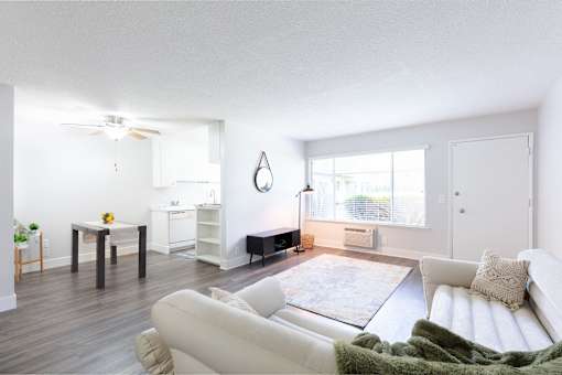 A living room with a white couch and a rug.