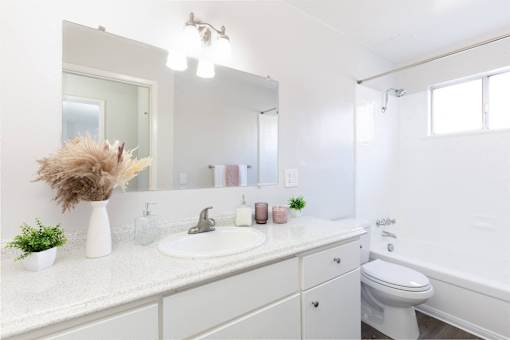 A white bathroom with a sink, mirror, and toilet.