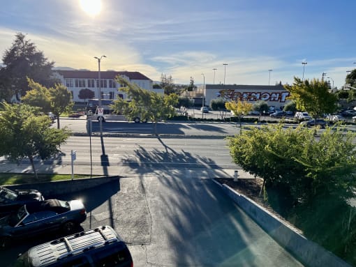 a parking lot in front of a building