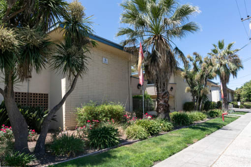 a building with a flag and palm trees in front of it