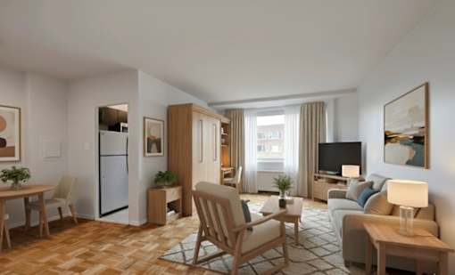 A well-lit, spacious living room with a dining area and a kitchenette at Quebec House, Washington, 20008
