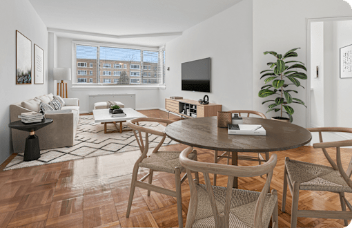 A modern living room with a wooden floor and furniture.