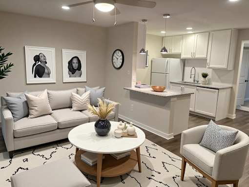 A modern living room with a grey sofa, a white coffee table, and a white kitchen in the background.
