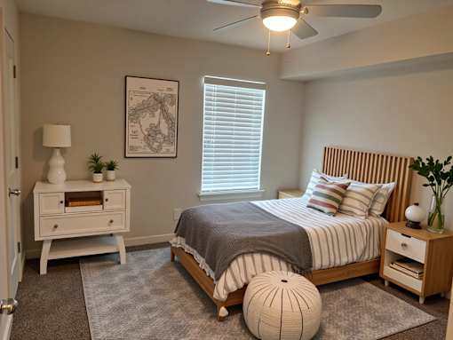 A bedroom with a bed, nightstand, and a ceiling fan.