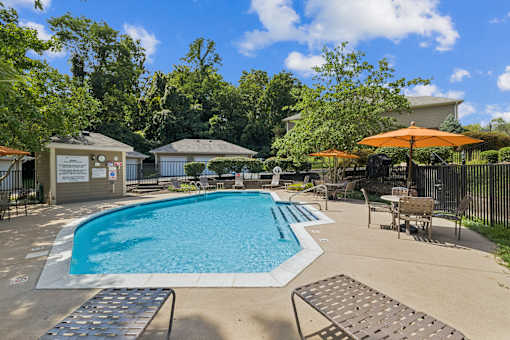 A pool surrounded by trees and a building in the background.