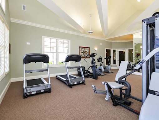 A home gym with a variety of equipment including treadmills, stationary bikes, and weight machines.