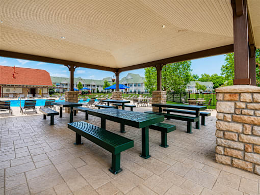 A patio with tables and benches under a roof.