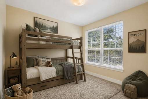 A bedroom with a bunk bed and a window with blinds.