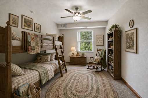 A room with a bunk bed, a chair, a table, and a rug.