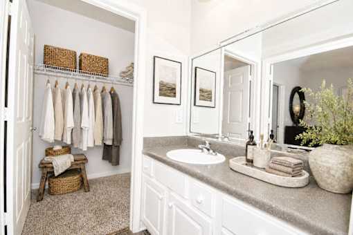 A bathroom with a white sink and a mirror.