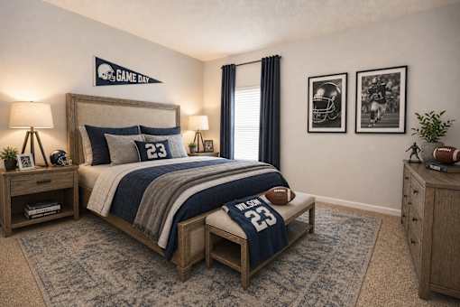 A bedroom with a bed, nightstands, and a football jersey on the bed.