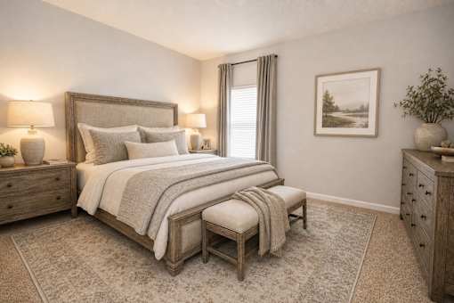 A bedroom with a large bed, a bench, and a painting on the wall.