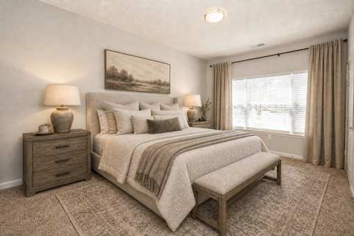 A bedroom with a large bed, a bench, and two lamps.