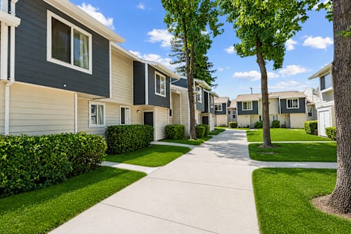 A row of houses with a sidewalk in front.