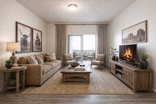 Living room with rustic decor and fireplace at Silver Ridge Apartments, Idaho