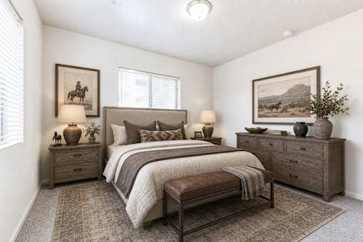 Cozy bedroom with neutral tones and western decor at Silver Ridge Apartments, Meridian, ID 83642