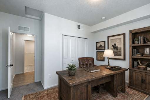 Home office with rustic desk and decor at Silver Ridge Apartments, Meridian, 83642