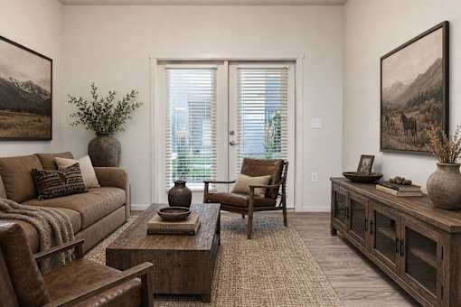 Warm living room with earth tones and large windows at Silver Ridge Apartments, Meridian, ID 83642