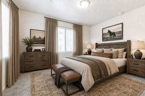 Spacious bedroom with rustic wood headboard and decor at Silver Ridge Apartments, Meridian, Idaho