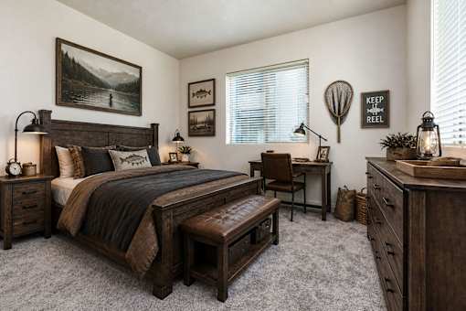 Rustic bedroom with fishing themed wall decor at Silver Ridge Apartments, Meridian, 83642