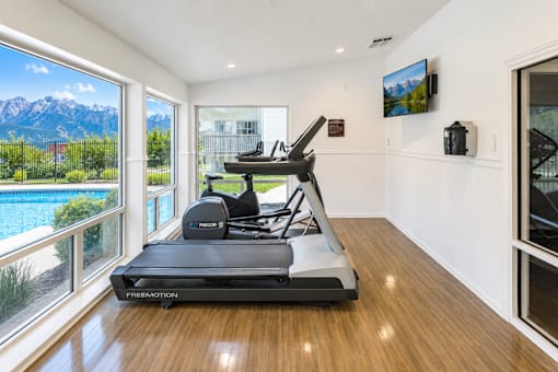 A treadmill in a room with a view of the mountains.
