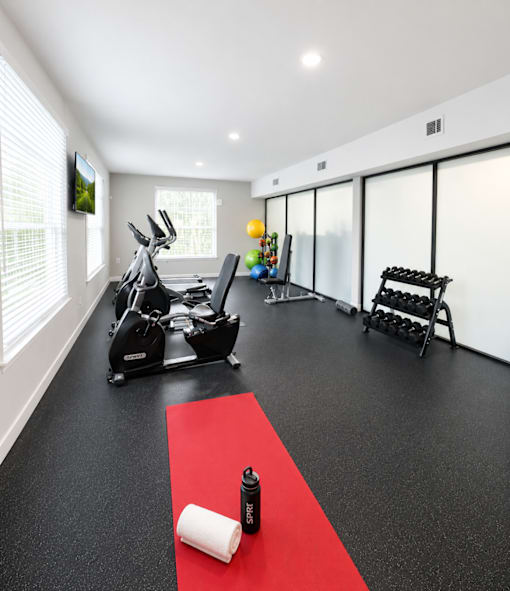 Home fitness center with exercise equipment at Stonetree Apartments, Georgia, 30344