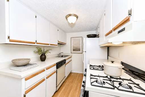 Galley kitchen with white cabinets and gas stove at Stonetree Apartments, East Point, GA
