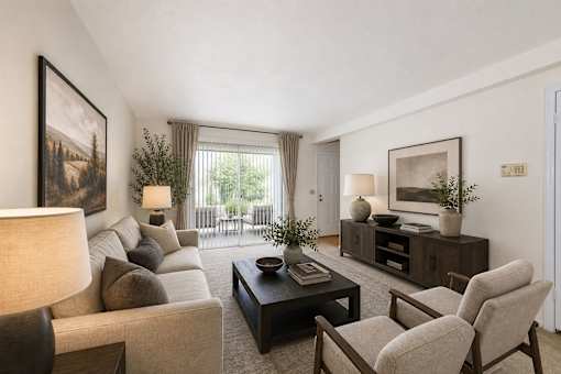 Living room with neutral sofa and entertainment center at Stonetree Apartments, East Point, Georgia