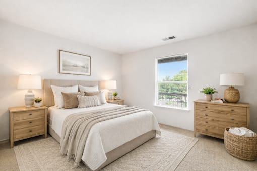 A well-lit bedroom with a large bed, two nightstands, and a window showing an outdoor view.